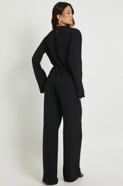 Chemisier à manches longues drapé tissé pour personnes de grande taille & pantalon coordonné