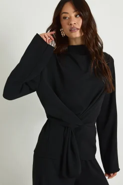 Chemisier à manches longues drapé tissé pour personnes de grande taille & pantalon coordonné