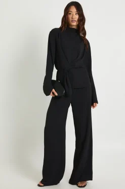 Chemisier à manches longues drapé tissé pour personnes de grande taille & pantalon coordonné