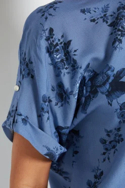 Chemisier À Manches Retroussables Imprimé Fleuri Bleu