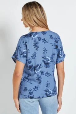 Chemisier À Manches Retroussables Imprimé Fleuri Bleu