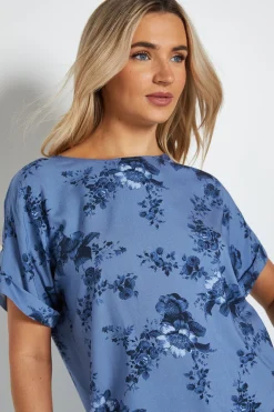 Chemisier À Manches Retroussables Imprimé Fleuri Bleu