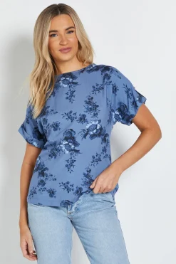 Chemisier À Manches Retroussables Imprimé Fleuri Bleu