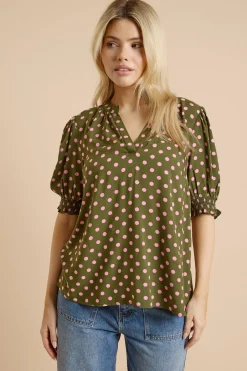 Chemisier À Pois Verts Avec Manches Bouffantes