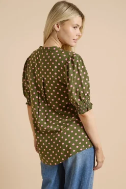 Chemisier À Pois Verts Avec Manches Bouffantes