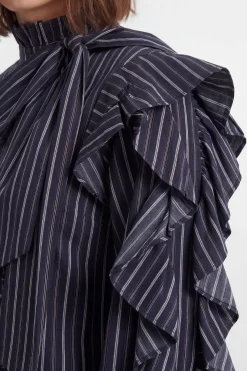 Chemisier À Rayures En Coton Avec Volants Et Nœud Lavallière
