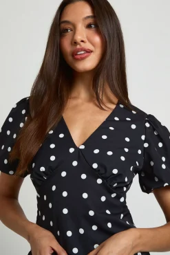 boohoo Chemisier Satiné À Pois Avec Manches Bouffantes<Femme Pois|Satin Et Dentelle