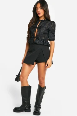 boohoo Chemisier Tie Front en burnout à manches volumineuses<Femme Tops
