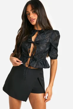 boohoo Chemisier Tie Front en burnout à manches volumineuses<Femme Tops