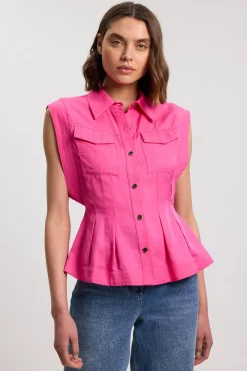 Chemisier Tissé En Viscose Lin Premium Avec Surpiqûres Et Détail Couture À La Taille