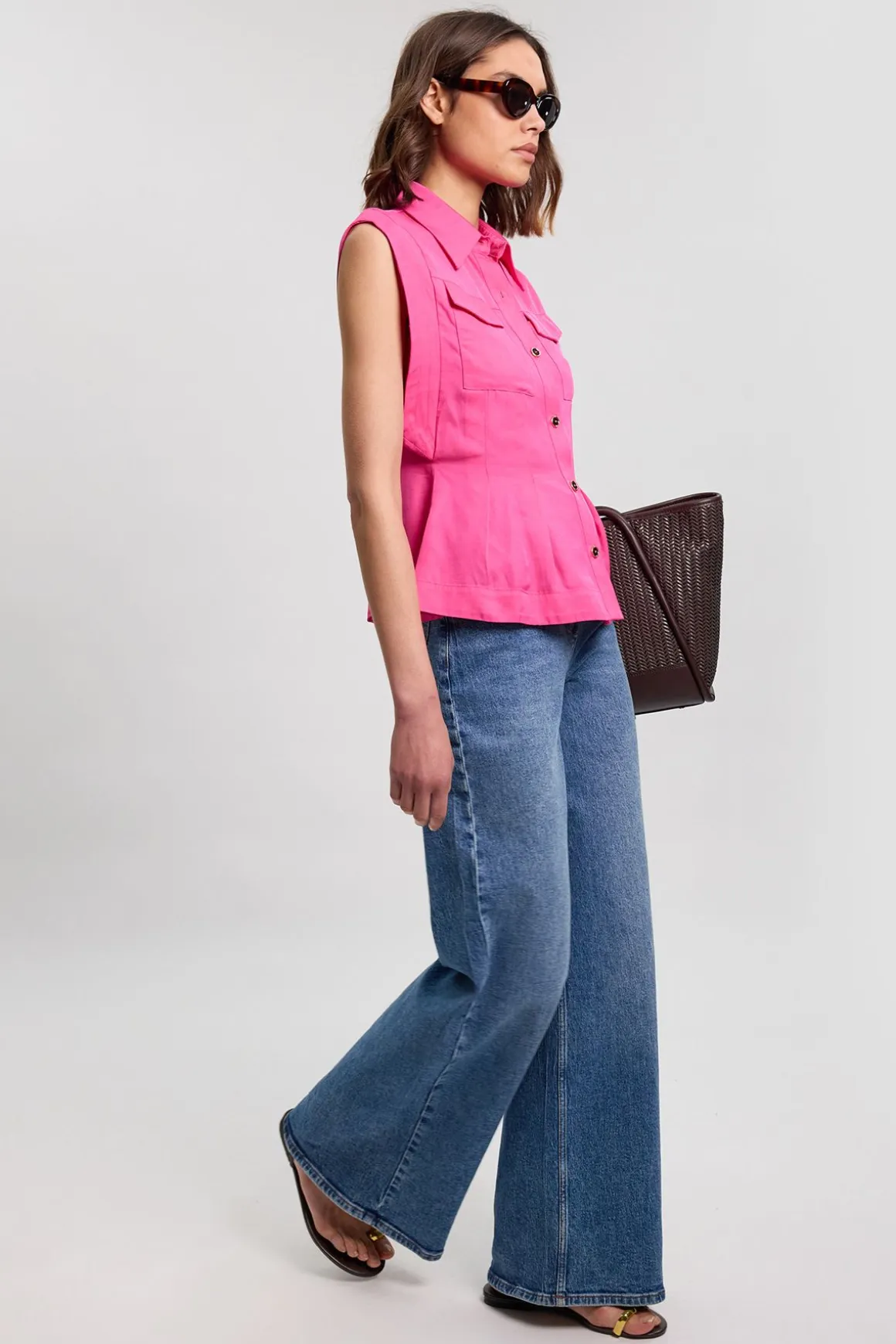 Chemisier Tissé En Viscose Lin Premium Avec Surpiqûres Et Détail Couture À La Taille