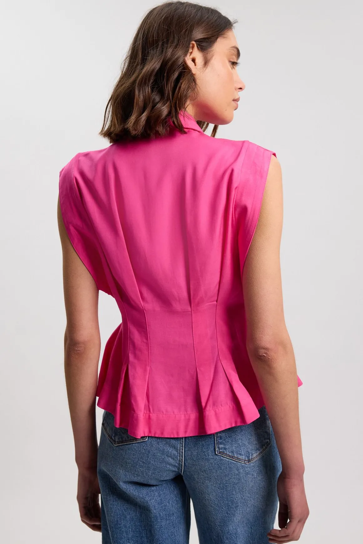 Chemisier Tissé En Viscose Lin Premium Avec Surpiqûres Et Détail Couture À La Taille