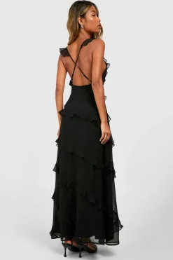 Chiffon Ruffle Strappy Maxi Dress devient Robe Maxi en Chiffon à Volants et Bretelles