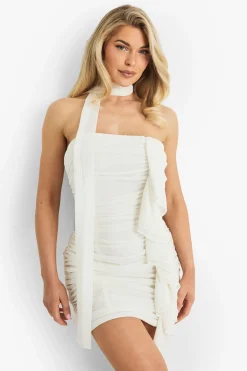 Chiffon Scarf Detail Ruched Mini Dress