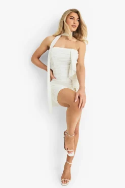 Chiffon Scarf Detail Ruched Mini Dress