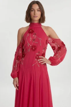 Cold Shoulder 3D Floral Applique Woven Maxi Dress