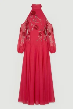 Cold Shoulder 3D Floral Applique Woven Maxi Dress