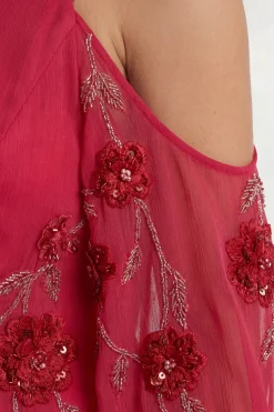 Cold Shoulder 3D Floral Applique Woven Maxi Dress