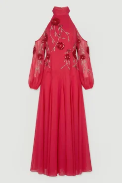 Cold Shoulder 3D Floral Applique Woven Maxi Dress