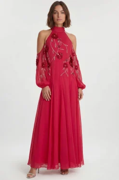 Cold Shoulder 3D Floral Applique Woven Maxi Dress