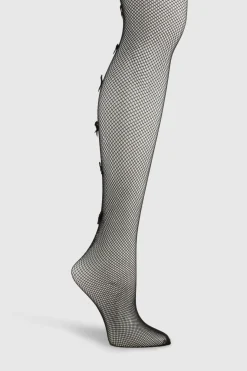 Collants en résille à détail de couture et nœud
