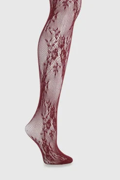 Collants à résille en dentelle florale bordeaux foncé
