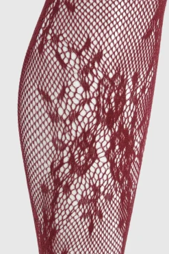 Collants à résille en dentelle florale bordeaux foncé