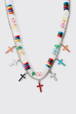 Collier Croix Multi-Rangs à Perles