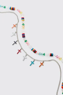 Collier Croix Multi-Rangs à Perles
