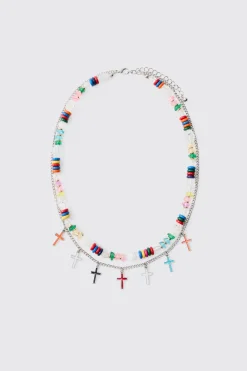 Collier Croix Multi-Rangs à Perles