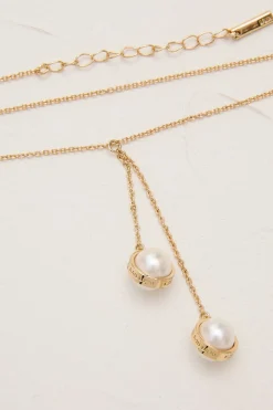 Collier à double pendentif en perle, logo, plaqué or 14kt