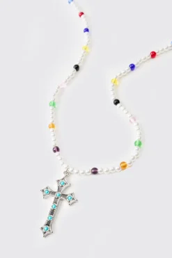 Collier Fantaisie à Perles avec Gemmes et Croix