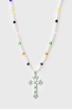 Collier Fantaisie à Perles avec Gemmes et Croix