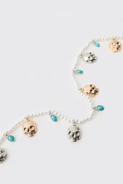 Collier Fausses Perles avec Gemmes et Têtes de Mort