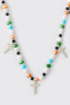 boohooMAN Collier à Perles Croix & Pierre<Homme Bijoux Et Montres