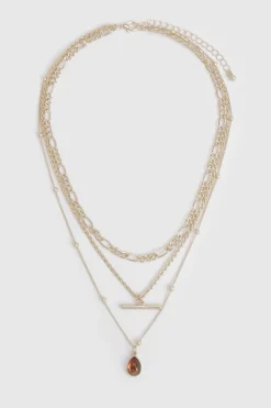 Collier Superposé avec Barre en T et Pendentif Émaillé Marron
