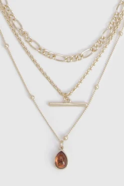 Collier Superposé avec Barre en T et Pendentif Émaillé Marron