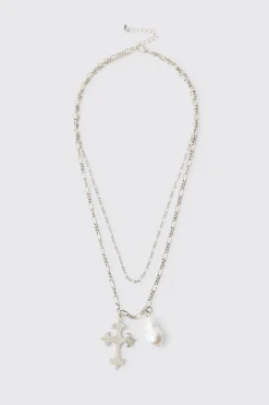 boohooMAN Collier Superposé Croix et Gemme<Homme Bijoux Et Montres