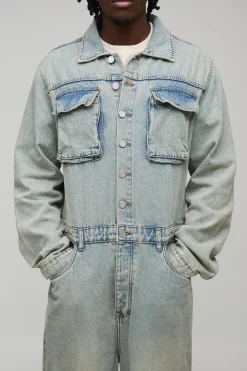 boohooMAN Combinaison ample en stonewash à effet déchiré et réparé, version grande taille<Homme Denim|Tout Afficher