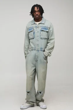 boohooMAN Combinaison ample en stonewash à effet déchiré et réparé, version grande taille<Homme Denim|Tout Afficher