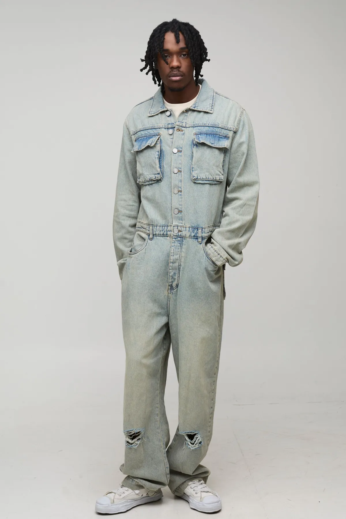 boohooMAN Combinaison ample en stonewash à effet déchiré et réparé, version grande taille<Homme Denim|Tout Afficher
