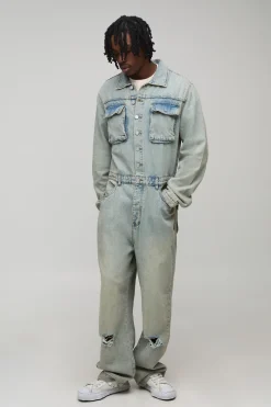 boohooMAN Combinaison ample en stonewash à effet déchiré et réparé, version grande taille<Homme Denim|Tout Afficher