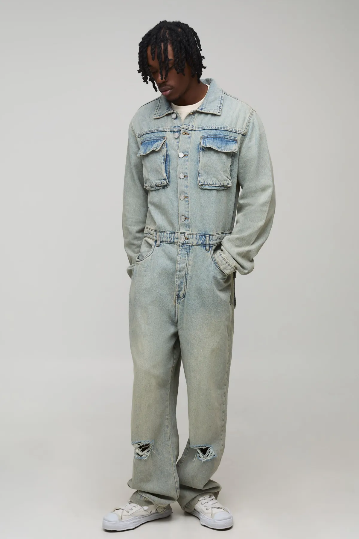 boohooMAN Combinaison ample en stonewash à effet déchiré et réparé, version grande taille<Homme Denim|Tout Afficher