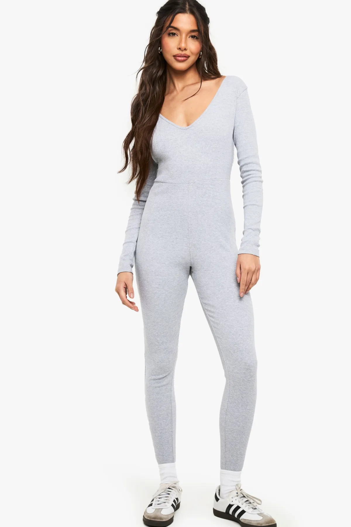 boohoo Combinaison basique en côtes à décolleté plongeant<Femme Basiques|Combinaisons Et Combishorts