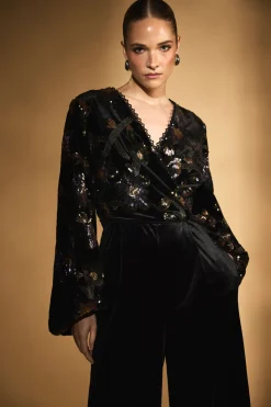 Combinaison à Col V et Manches Bouffantes avec Sequins Floraux