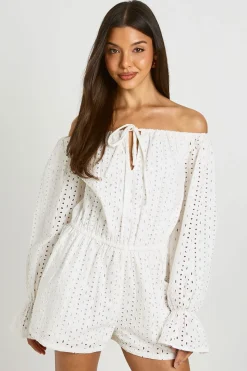 Combinaison Courte Broderie Anglaise Épaules Dénudées Manches Volumineuses