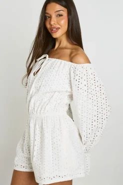 Combinaison Courte Broderie Anglaise Épaules Dénudées Manches Volumineuses