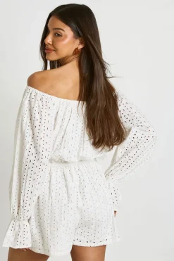 Combinaison Courte Broderie Anglaise Épaules Dénudées Manches Volumineuses