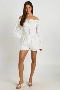 Combinaison Courte Broderie Anglaise Épaules Dénudées Manches Volumineuses