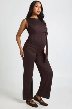 boohoo Combinaison De Détente Maternité Côtelée Sans Manches Avec Ceinture<Femme Looks Chocolat|Combinaisons Et Combishorts
